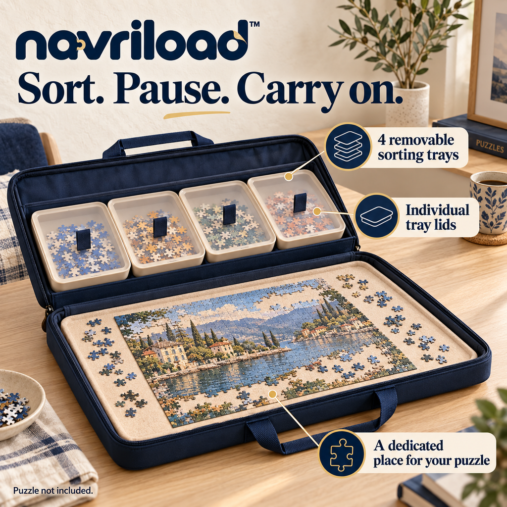 navriload™ SortSide Puzzle Carrying Case — Portable Jigsaw Puzzle Portfolio with 4 Sorting Trays & 30 × 22-Inch Board
