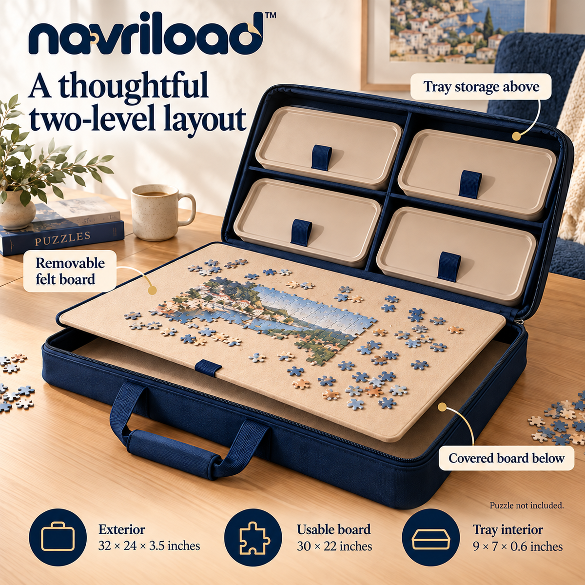 navriload™ SortSide Puzzle Carrying Case — Portable Jigsaw Puzzle Portfolio with 4 Sorting Trays & 30 × 22-Inch Board