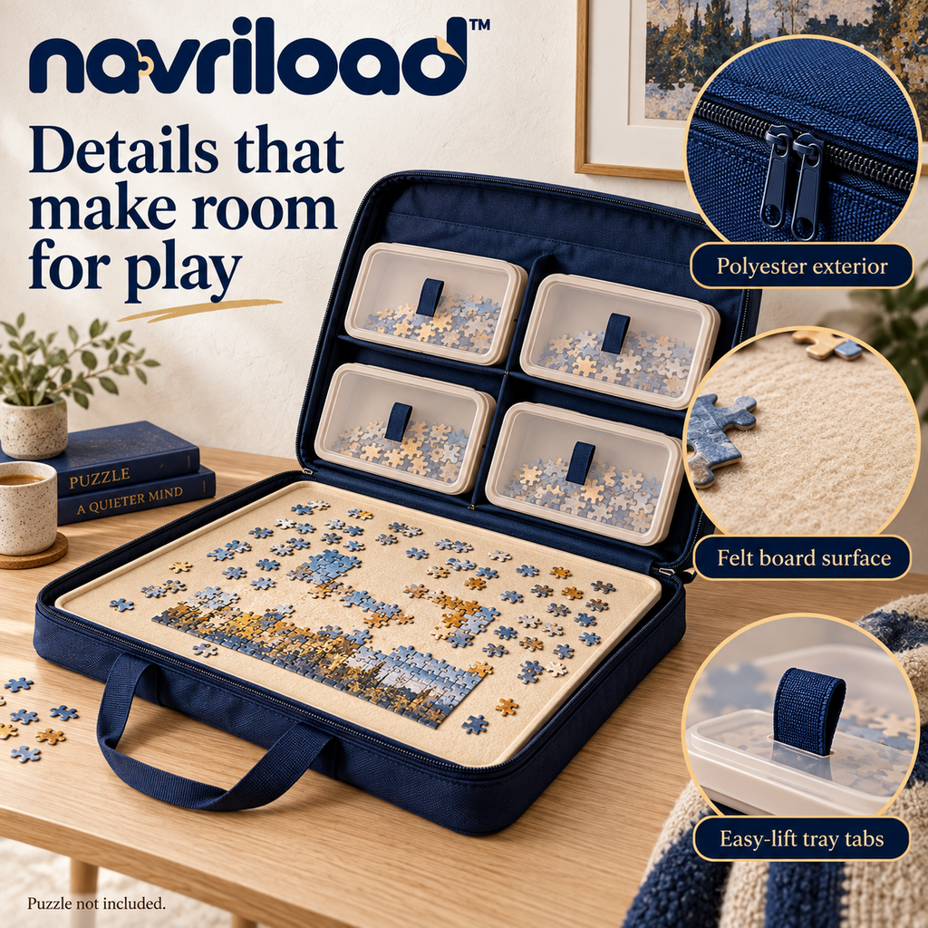 navriload™ SortSide Puzzle Carrying Case — Portable Jigsaw Puzzle Portfolio with 4 Sorting Trays & 30 × 22-Inch Board