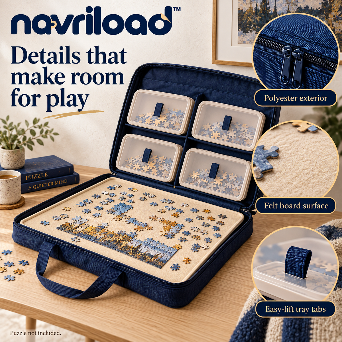 navriload™ SortSide Puzzle Carrying Case — Portable Jigsaw Puzzle Portfolio with 4 Sorting Trays & 30 × 22-Inch Board