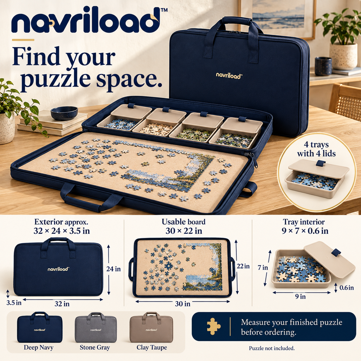 navriload™ SortSide Puzzle Carrying Case — Portable Jigsaw Puzzle Portfolio with 4 Sorting Trays & 30 × 22-Inch Board