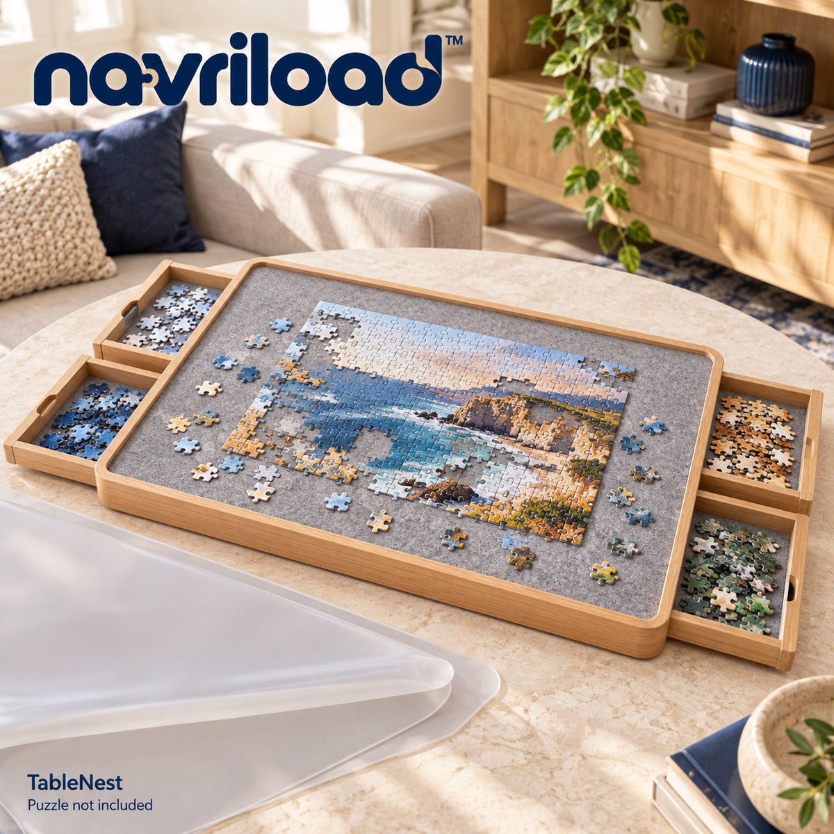 navriload™ TableNest Puzzle Board with 4 Drawers — 30 × 22-Inch Wooden Jigsaw Workspace & Removable Cover