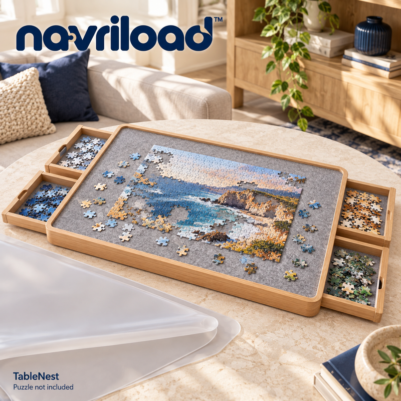 navriload™ TableNest Puzzle Board with 4 Drawers — 30 × 22-Inch Wooden Jigsaw Workspace & Removable Cover