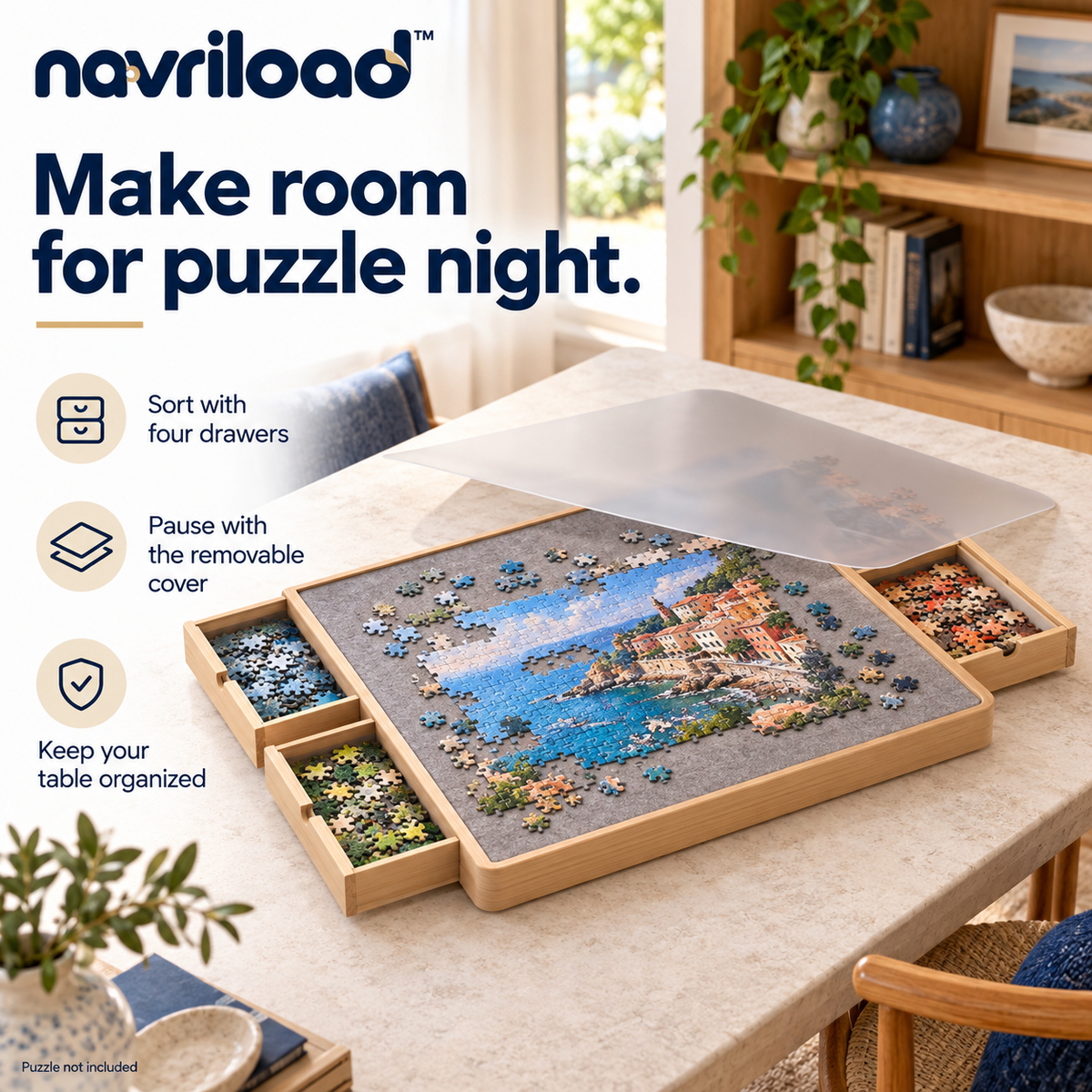 navriload™ TableNest Puzzle Board with 4 Drawers — 30 × 22-Inch Wooden Jigsaw Workspace & Removable Cover