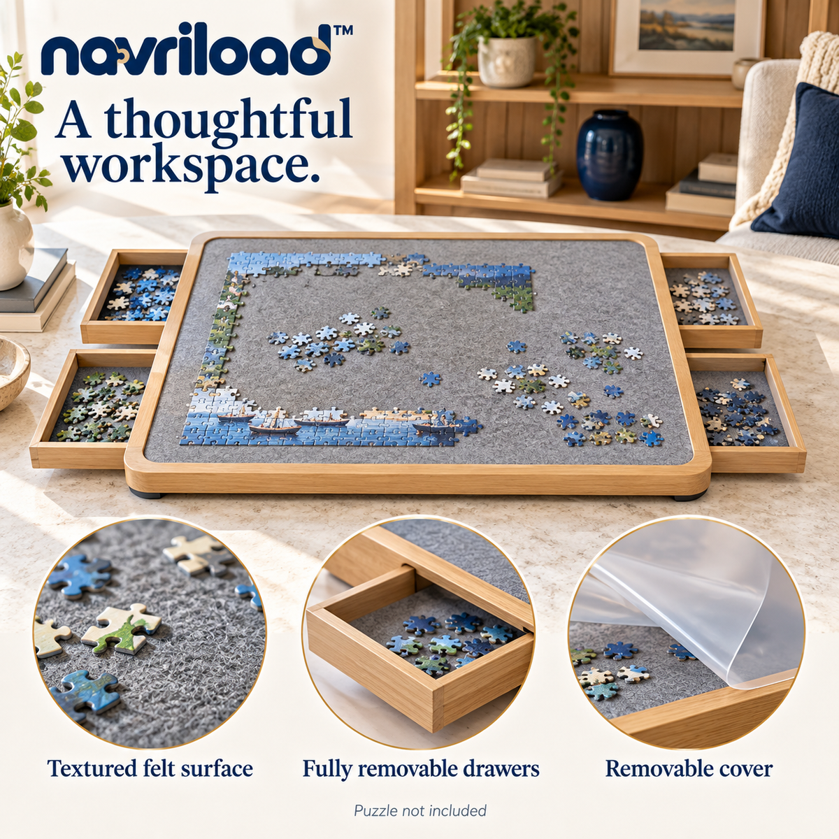 navriload™ TableNest Puzzle Board with 4 Drawers — 30 × 22-Inch Wooden Jigsaw Workspace & Removable Cover