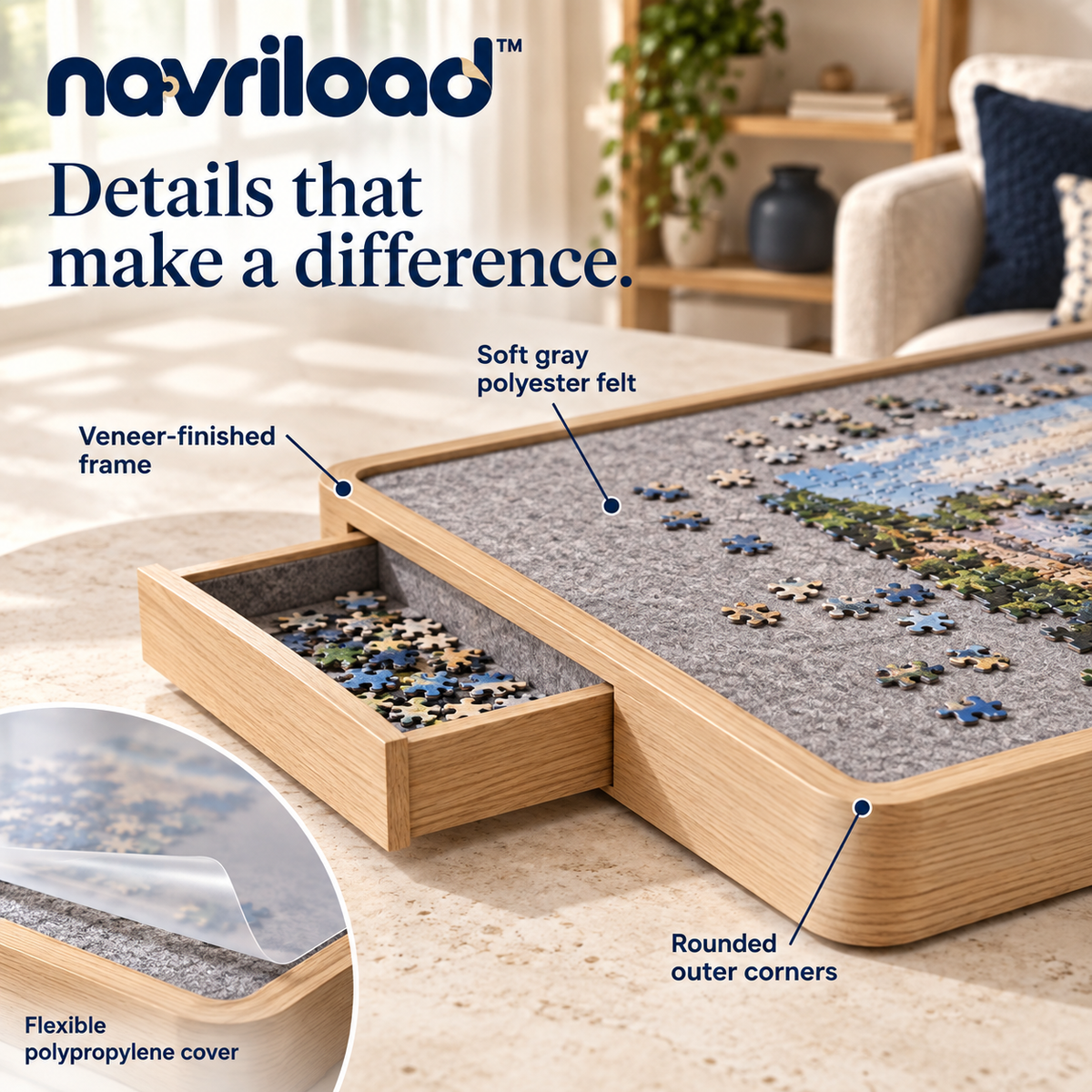 navriload™ TableNest Puzzle Board with 4 Drawers — 30 × 22-Inch Wooden Jigsaw Workspace & Removable Cover
