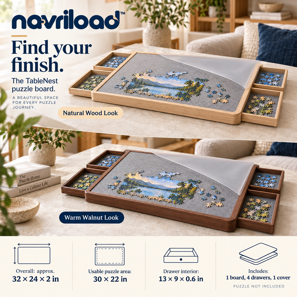 navriload™ TableNest Puzzle Board with 4 Drawers — 30 × 22-Inch Wooden Jigsaw Workspace & Removable Cover