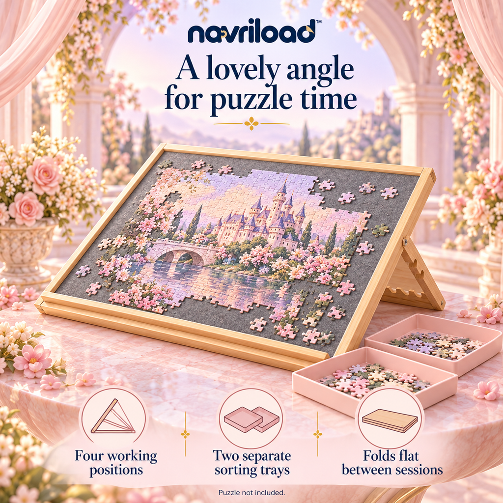 navriload™ AngleNest Adjustable Puzzle Board — Tilting Jigsaw Puzzle Easel with Felt Surface, 2 Sorting Trays & Cover