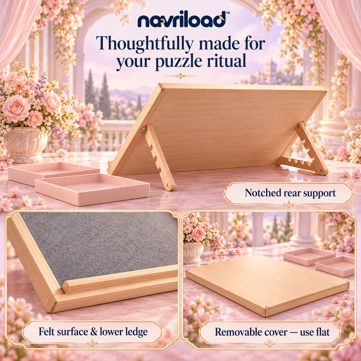 navriload™ AngleNest Adjustable Puzzle Board — Tilting Jigsaw Puzzle Easel with Felt Surface, 2 Sorting Trays & Cover