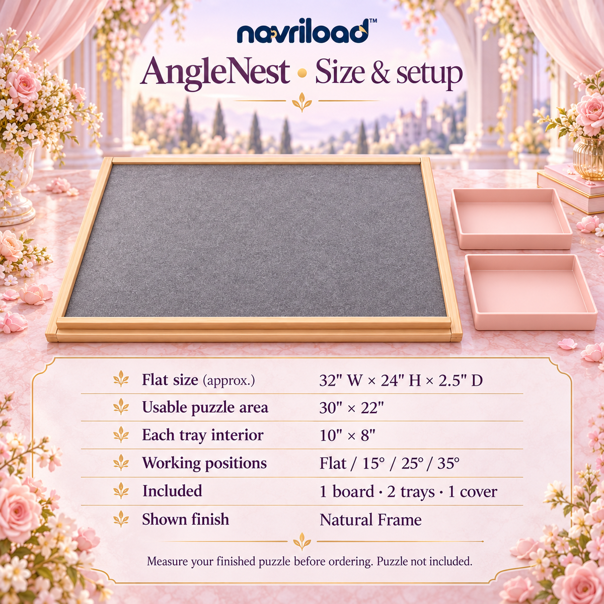 navriload™ AngleNest Adjustable Puzzle Board — Tilting Jigsaw Puzzle Easel with Felt Surface, 2 Sorting Trays & Cover