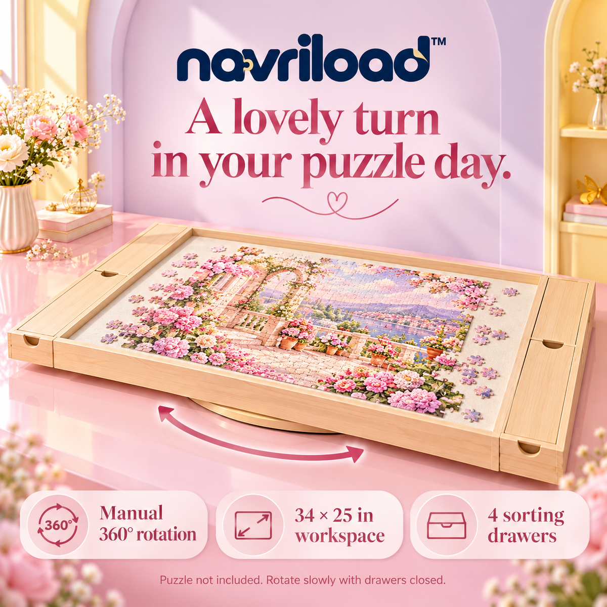 navriload™ TurnNest Rotating Puzzle Board — 34 × 25-Inch Jigsaw Tabletop Organizer with 4 Drawers & Cover