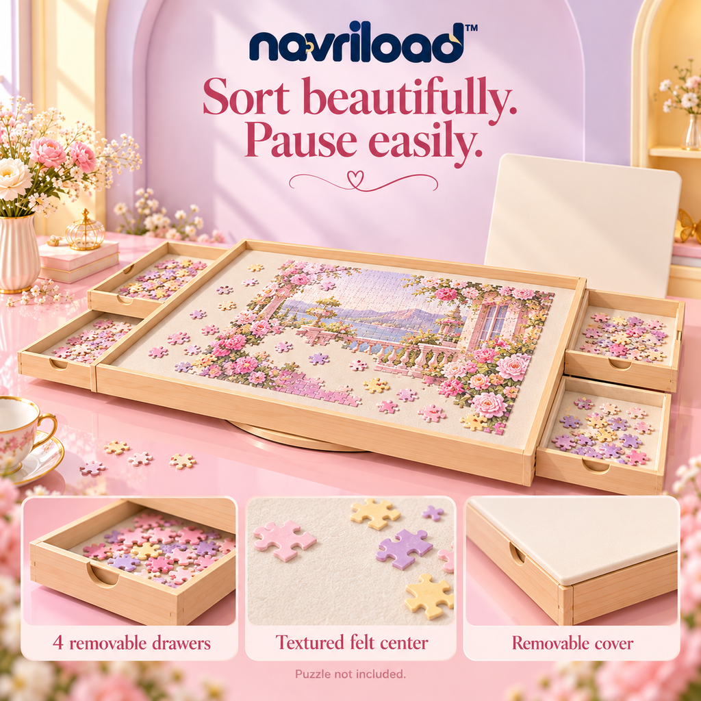 navriload™ TurnNest Rotating Puzzle Board — 34 × 25-Inch Jigsaw Tabletop Organizer with 4 Drawers & Cover