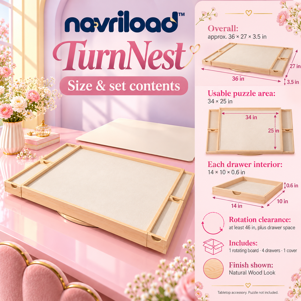 navriload™ TurnNest Rotating Puzzle Board — 34 × 25-Inch Jigsaw Tabletop Organizer with 4 Drawers & Cover