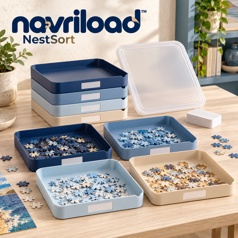 navriload™ NestSort Stackable Puzzle Sorting Trays — 8-Piece Jigsaw Organizer Set with Top Lid & Label Cards