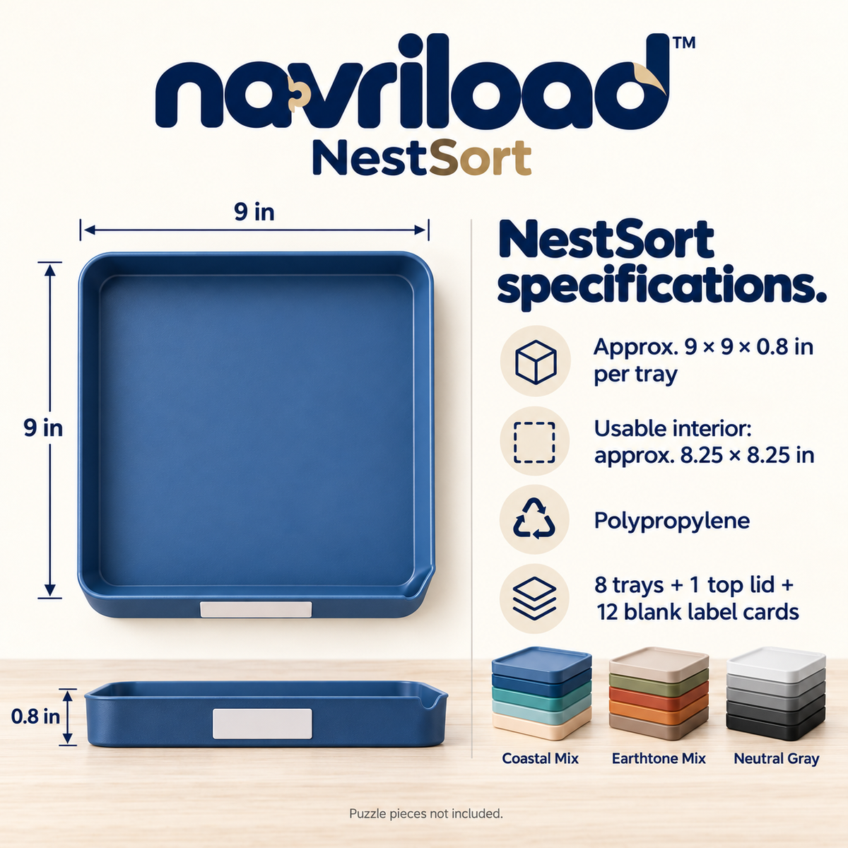 navriload™ NestSort Stackable Puzzle Sorting Trays — 8-Piece Jigsaw Organizer Set with Top Lid & Label Cards