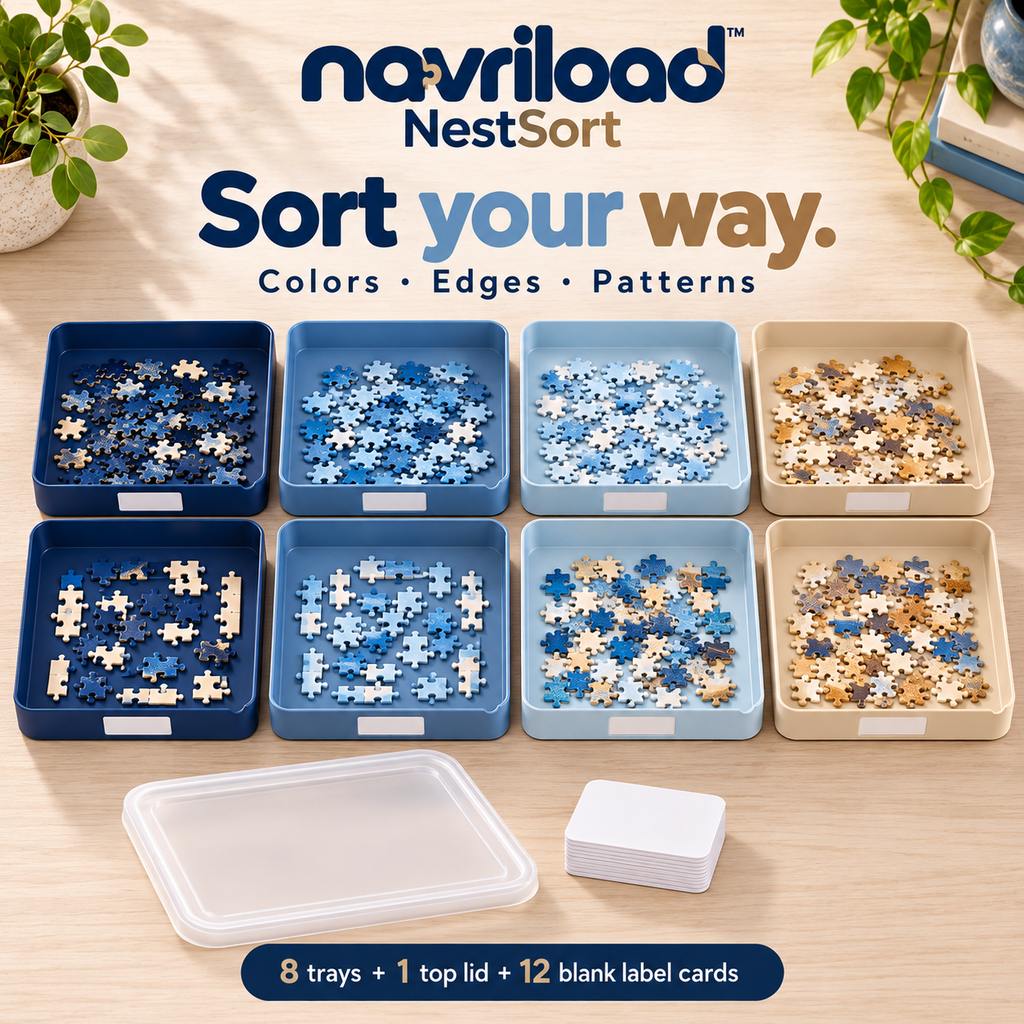 navriload™ NestSort Stackable Puzzle Sorting Trays — 8-Piece Jigsaw Organizer Set with Top Lid & Label Cards