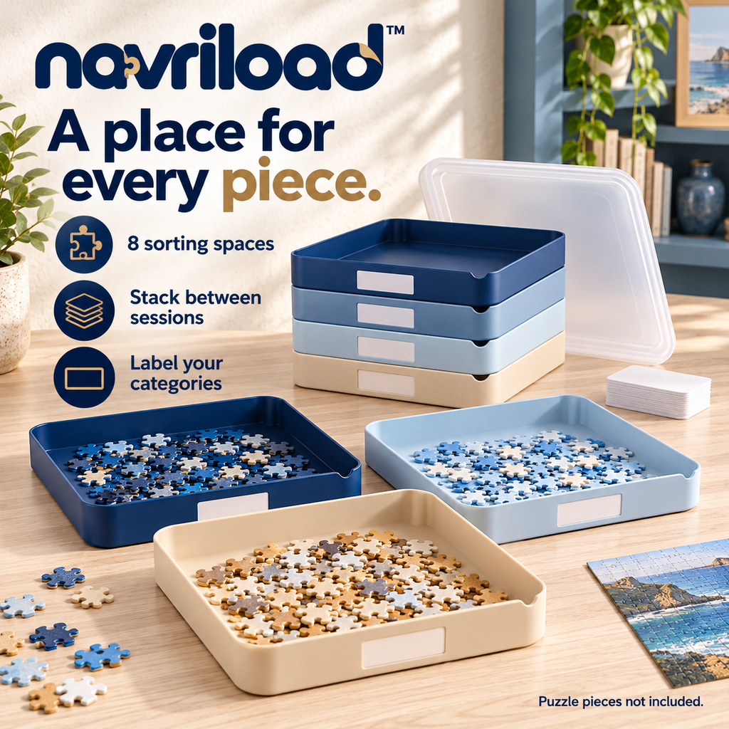 navriload™ NestSort Stackable Puzzle Sorting Trays — 8-Piece Jigsaw Organizer Set with Top Lid & Label Cards