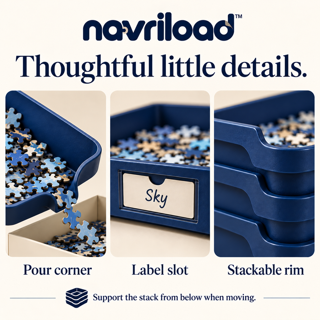 navriload™ NestSort Stackable Puzzle Sorting Trays — 8-Piece Jigsaw Organizer Set with Top Lid & Label Cards