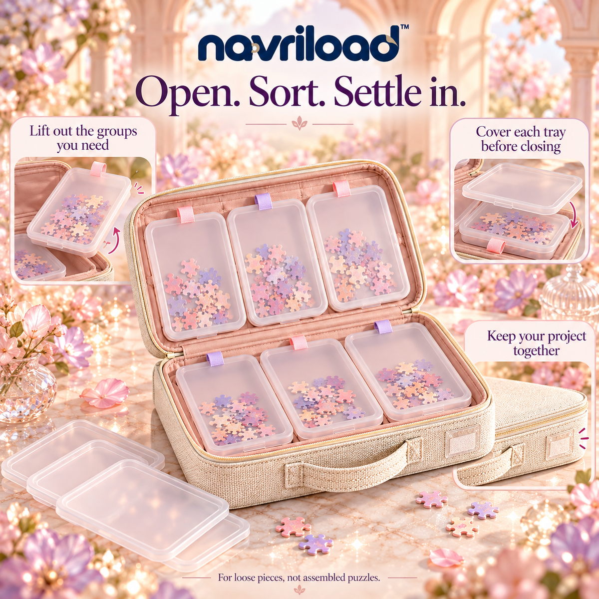 navriload™ SortBook Puzzle Sorting Portfolio — Fold-Out Jigsaw Organizer with 6 Removable Lidded Trays
