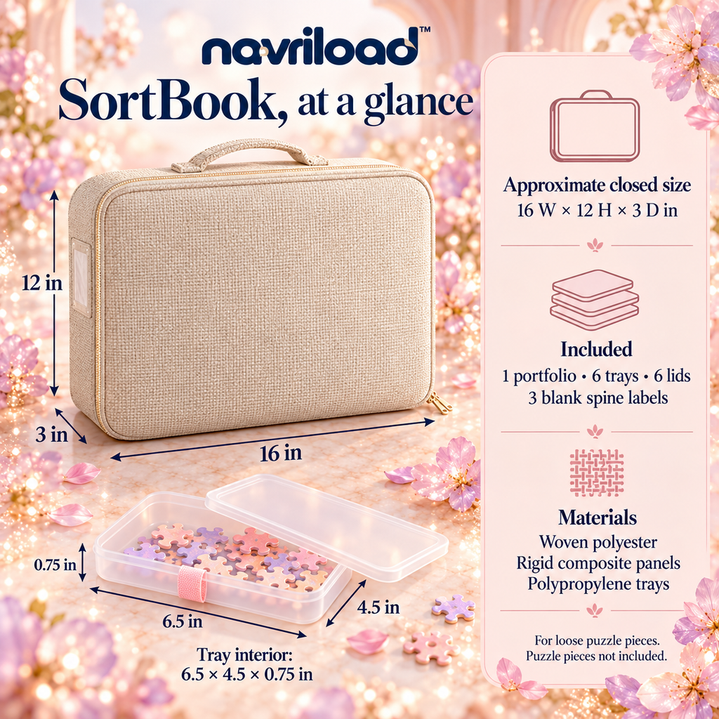 navriload™ SortBook Puzzle Sorting Portfolio — Fold-Out Jigsaw Organizer with 6 Removable Lidded Trays