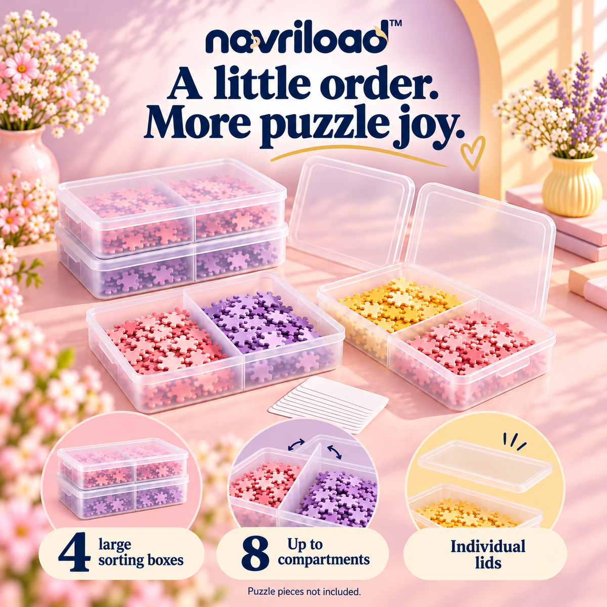 navriload™ SectionSort Modular Puzzle Storage Boxes — 4 Large Lidded Jigsaw Sorting Trays with Removable Dividers