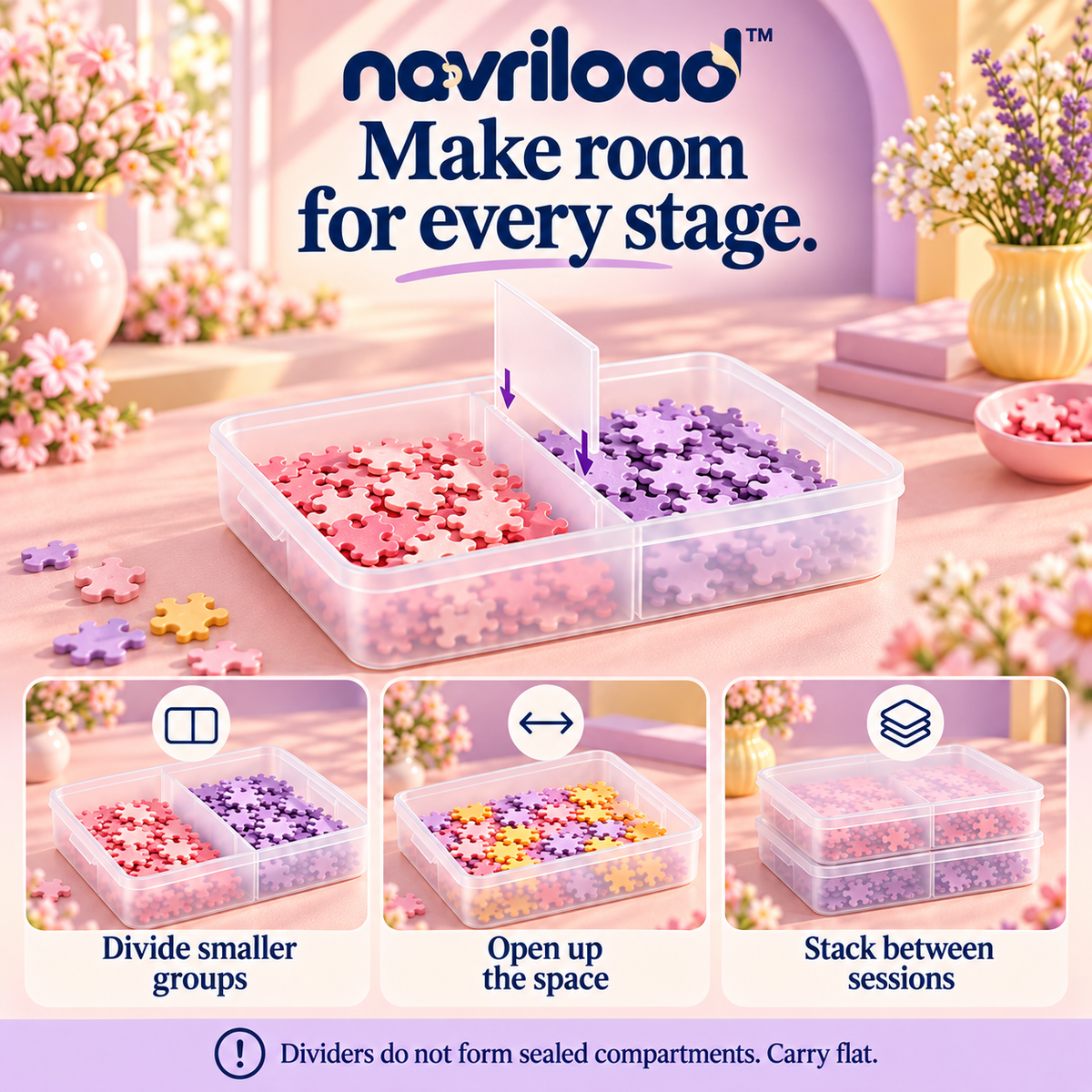 navriload™ SectionSort Modular Puzzle Storage Boxes — 4 Large Lidded Jigsaw Sorting Trays with Removable Dividers