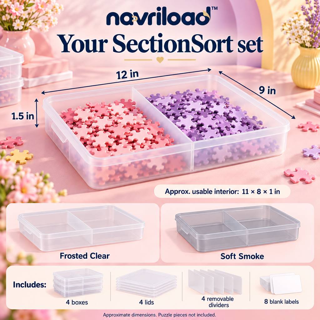 navriload™ SectionSort Modular Puzzle Storage Boxes — 4 Large Lidded Jigsaw Sorting Trays with Removable Dividers