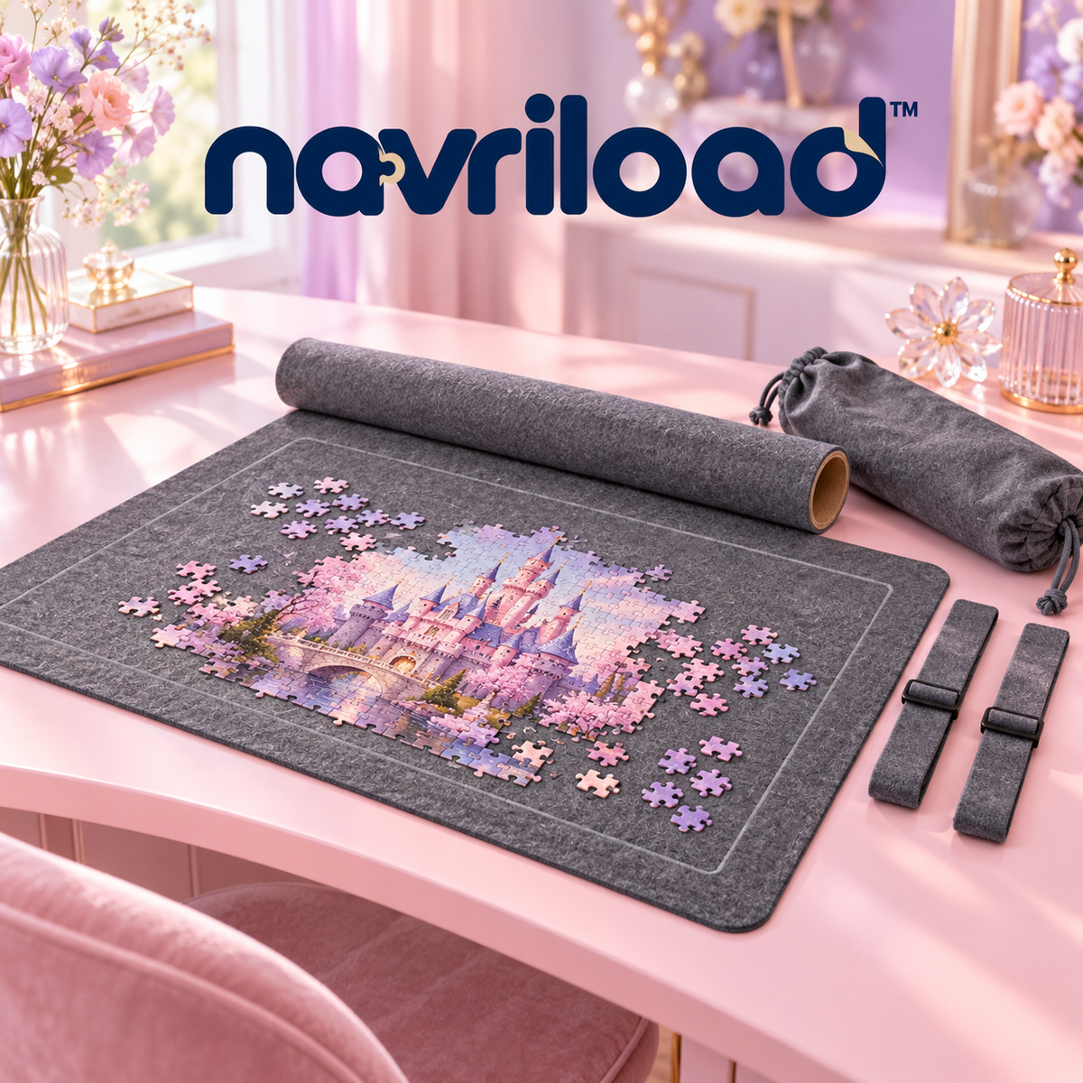 navriload™ RollPause Felt Puzzle Mat — 36 × 24-Inch Roll-Up Jigsaw Storage Kit with Solid Tube, Straps & Carry Bag