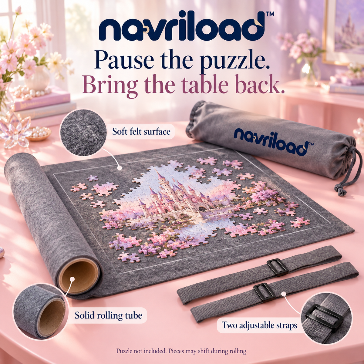 navriload™ RollPause Felt Puzzle Mat — 36 × 24-Inch Roll-Up Jigsaw Storage Kit with Solid Tube, Straps & Carry Bag