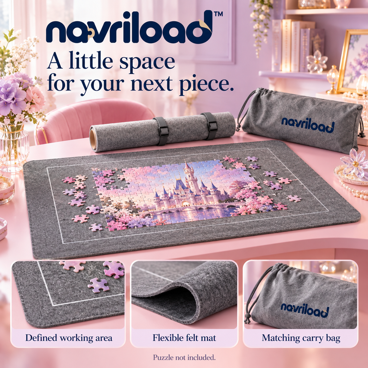 navriload™ RollPause Felt Puzzle Mat — 36 × 24-Inch Roll-Up Jigsaw Storage Kit with Solid Tube, Straps & Carry Bag