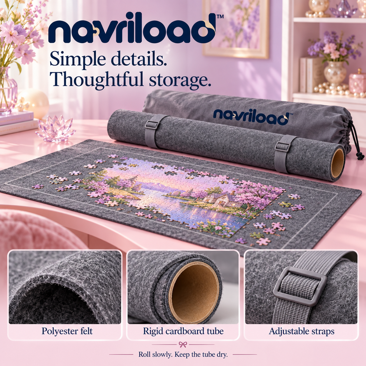 navriload™ RollPause Felt Puzzle Mat — 36 × 24-Inch Roll-Up Jigsaw Storage Kit with Solid Tube, Straps & Carry Bag