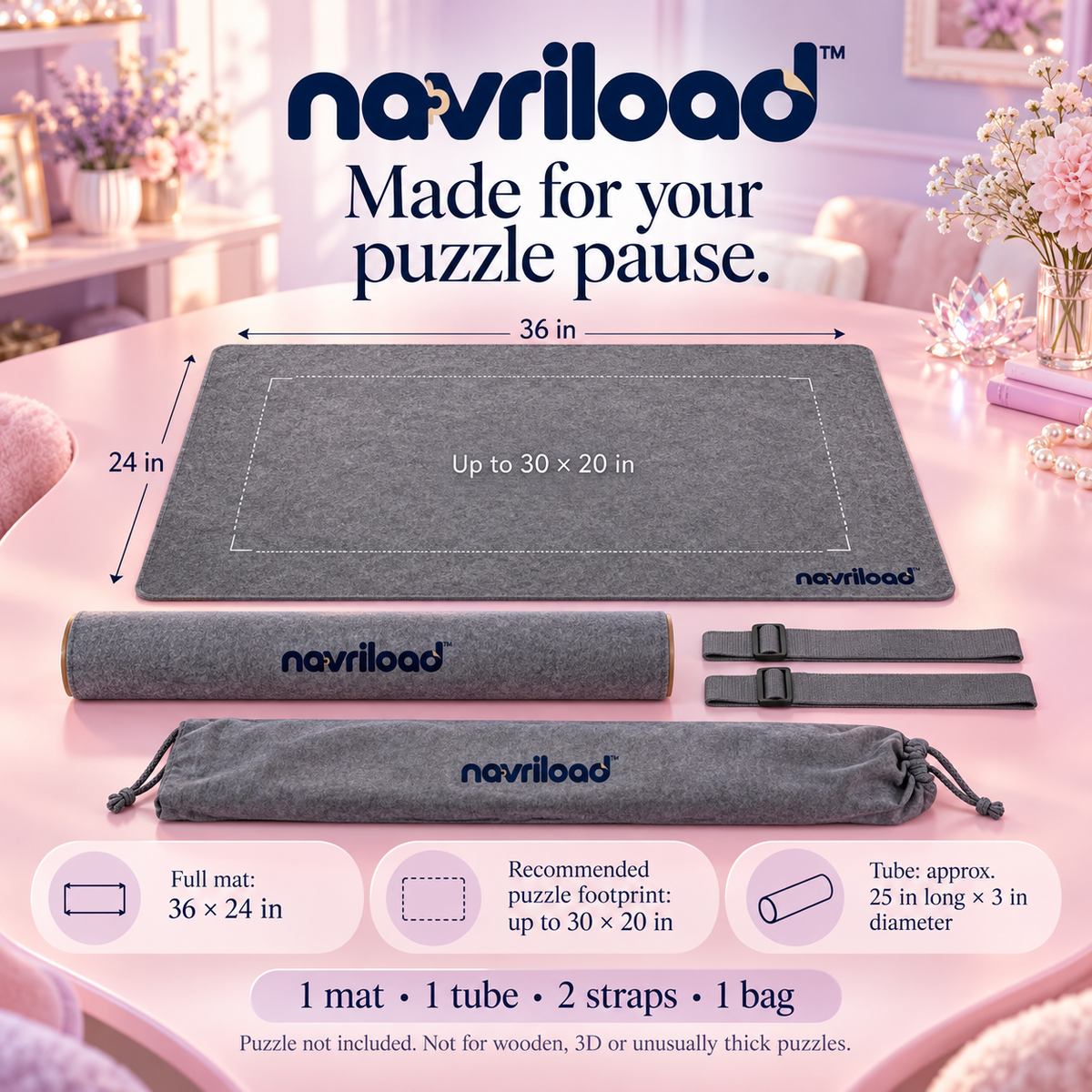 navriload™ RollPause Felt Puzzle Mat — 36 × 24-Inch Roll-Up Jigsaw Storage Kit with Solid Tube, Straps & Carry Bag
