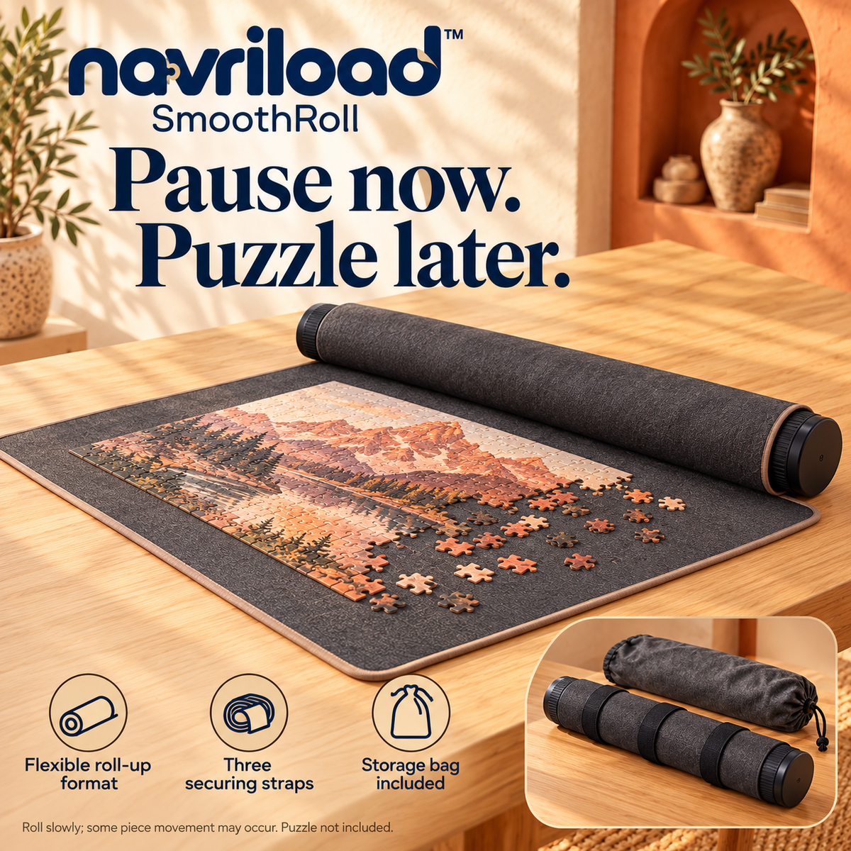 navriload™ SmoothRoll Puzzle Mat Kit — 40 × 28-Inch Fabric-Top Roll-Up Jigsaw Mat with Rubber Backing & Storage Tube