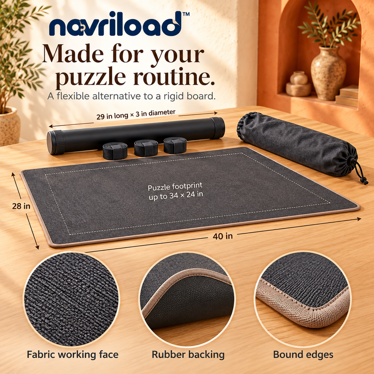 navriload™ SmoothRoll Puzzle Mat Kit — 40 × 28-Inch Fabric-Top Roll-Up Jigsaw Mat with Rubber Backing & Storage Tube