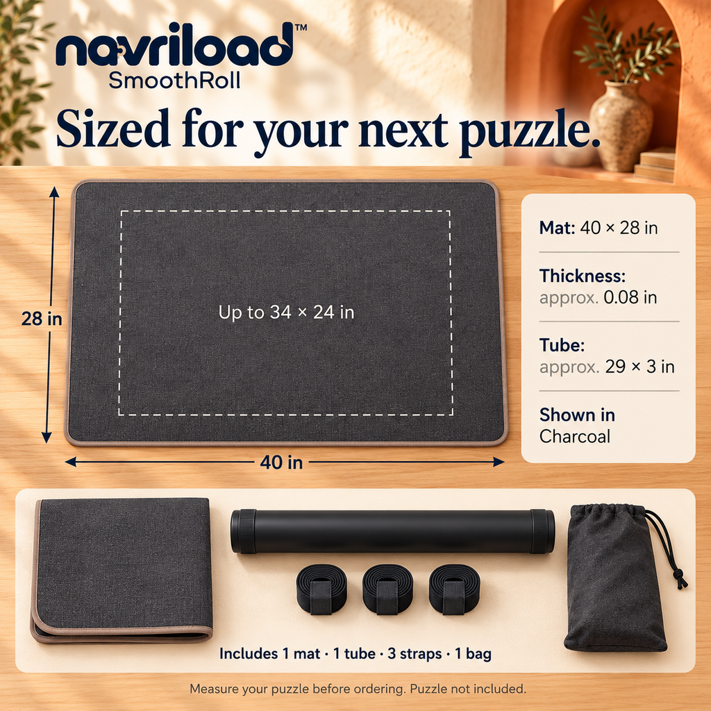 navriload™ SmoothRoll Puzzle Mat Kit — 40 × 28-Inch Fabric-Top Roll-Up Jigsaw Mat with Rubber Backing & Storage Tube