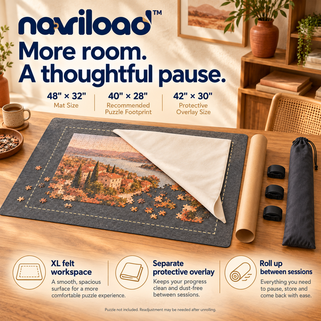 navriload™ WidePause XL Puzzle Roll-Up Kit — 48 × 32-Inch Felt Jigsaw Mat with Protective Overlay, Tube & Storage Bag