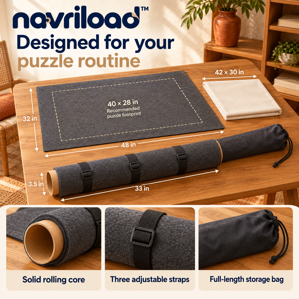 navriload™ WidePause XL Puzzle Roll-Up Kit — 48 × 32-Inch Felt Jigsaw Mat with Protective Overlay, Tube & Storage Bag
