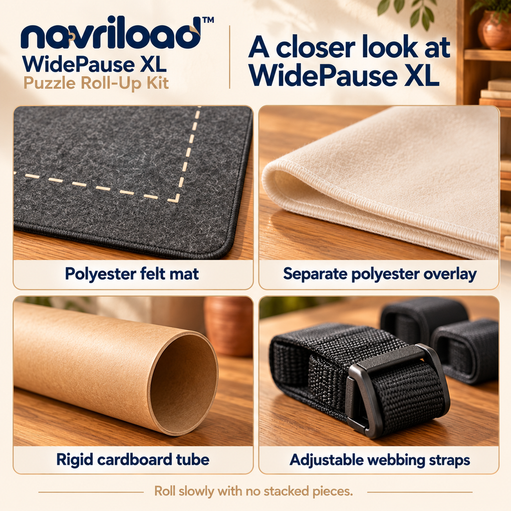 navriload™ WidePause XL Puzzle Roll-Up Kit — 48 × 32-Inch Felt Jigsaw Mat with Protective Overlay, Tube & Storage Bag