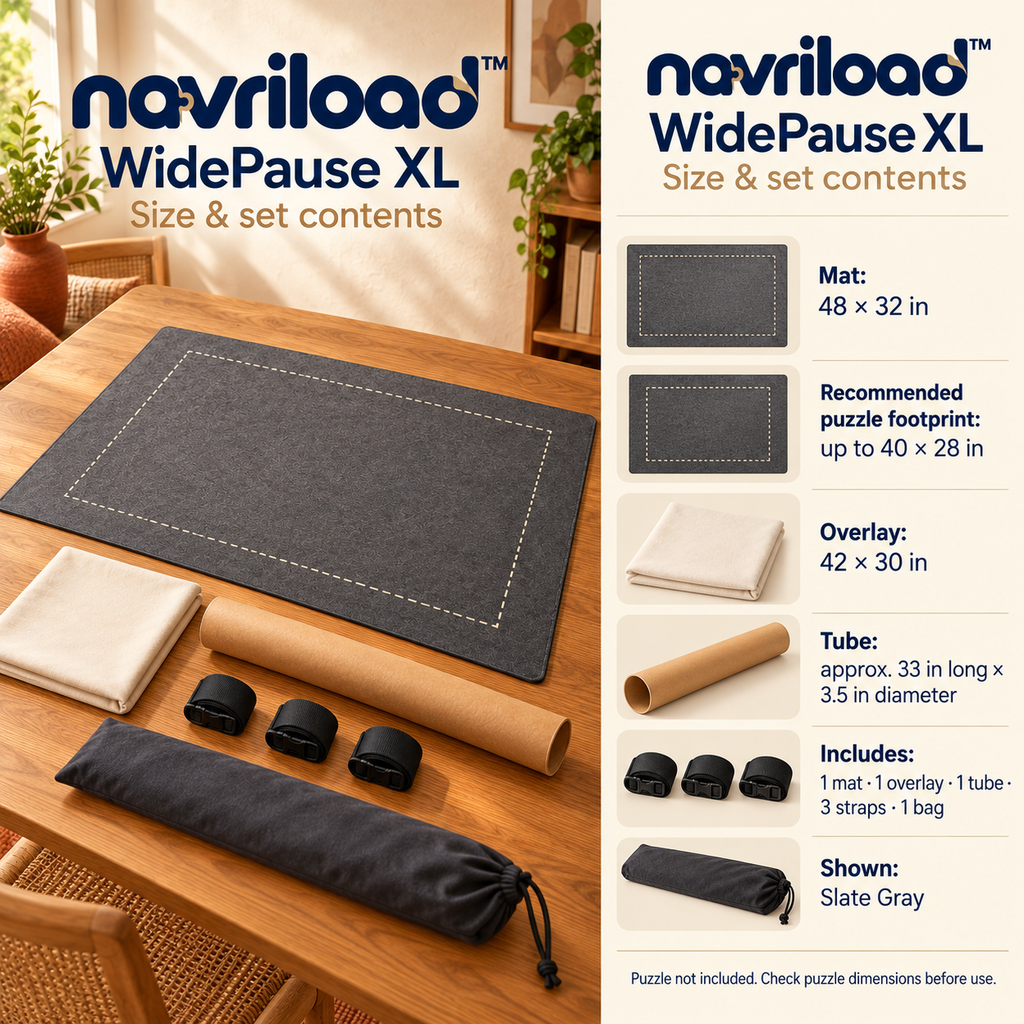 navriload™ WidePause XL Puzzle Roll-Up Kit — 48 × 32-Inch Felt Jigsaw Mat with Protective Overlay, Tube & Storage Bag