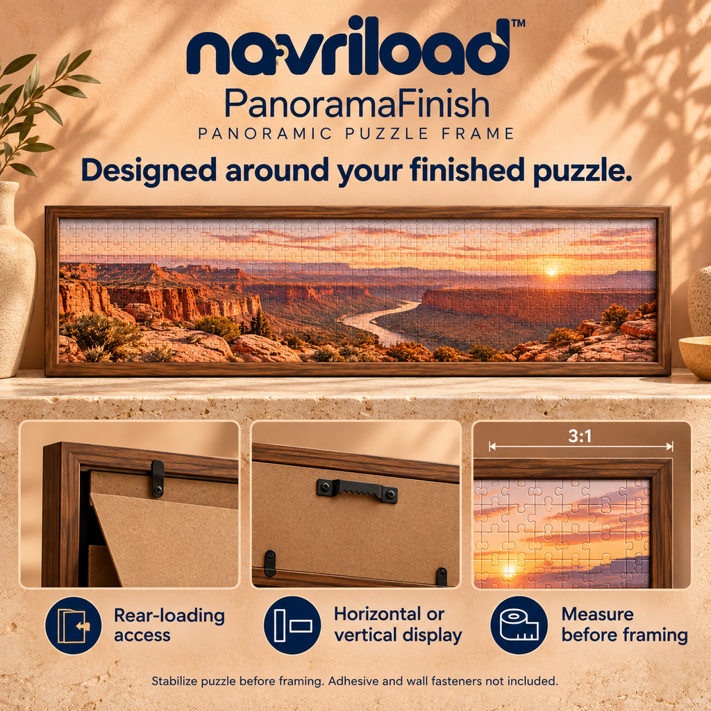 navriload™ PanoramaFinish Puzzle Frame — 13 × 39-Inch Panoramic Jigsaw Display with Acrylic Front & Wall Hangers