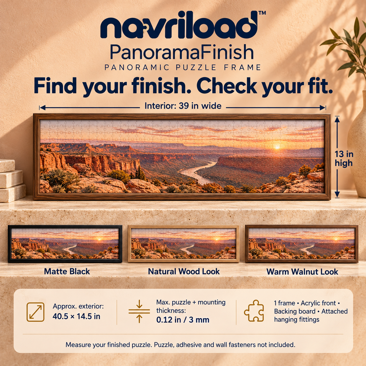 navriload™ PanoramaFinish Puzzle Frame — 13 × 39-Inch Panoramic Jigsaw Display with Acrylic Front & Wall Hangers
