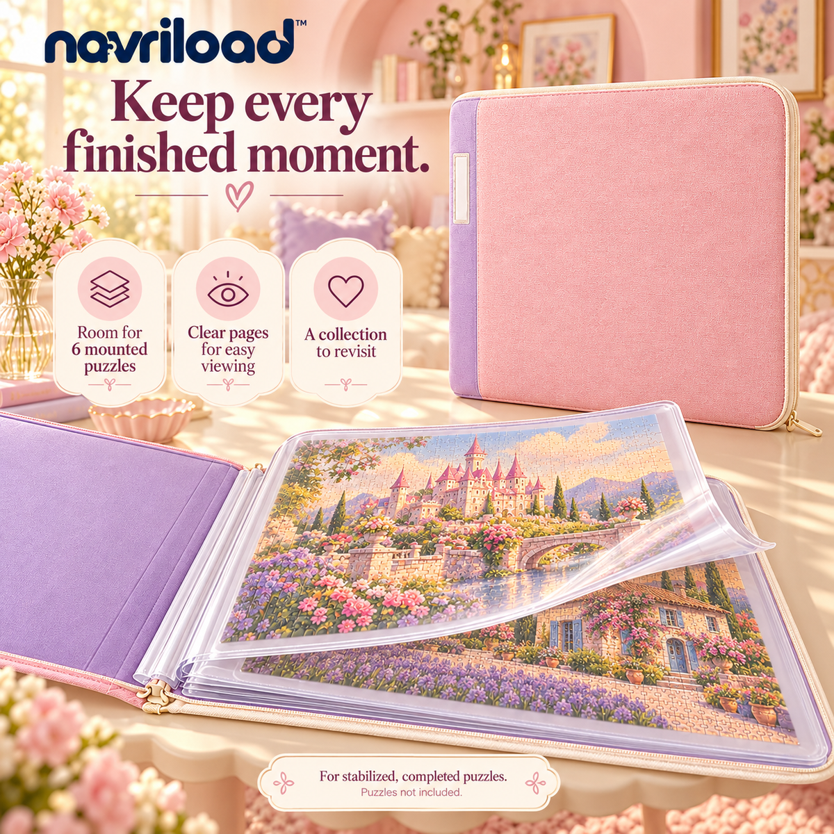 navriload™ KeepsakeFolio Puzzle Storage Portfolio — Large Completed Jigsaw Organizer with 6 Clear Sleeves & Support Boards
