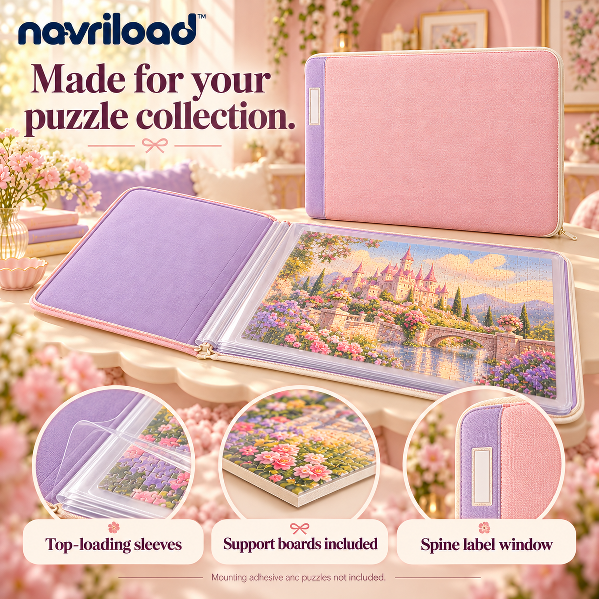 navriload™ KeepsakeFolio Puzzle Storage Portfolio — Large Completed Jigsaw Organizer with 6 Clear Sleeves & Support Boards