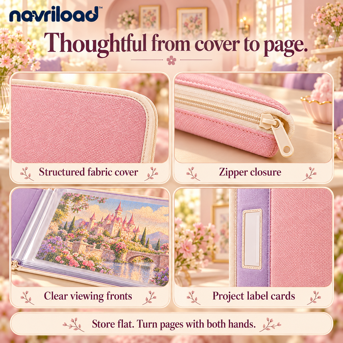 navriload™ KeepsakeFolio Puzzle Storage Portfolio — Large Completed Jigsaw Organizer with 6 Clear Sleeves & Support Boards