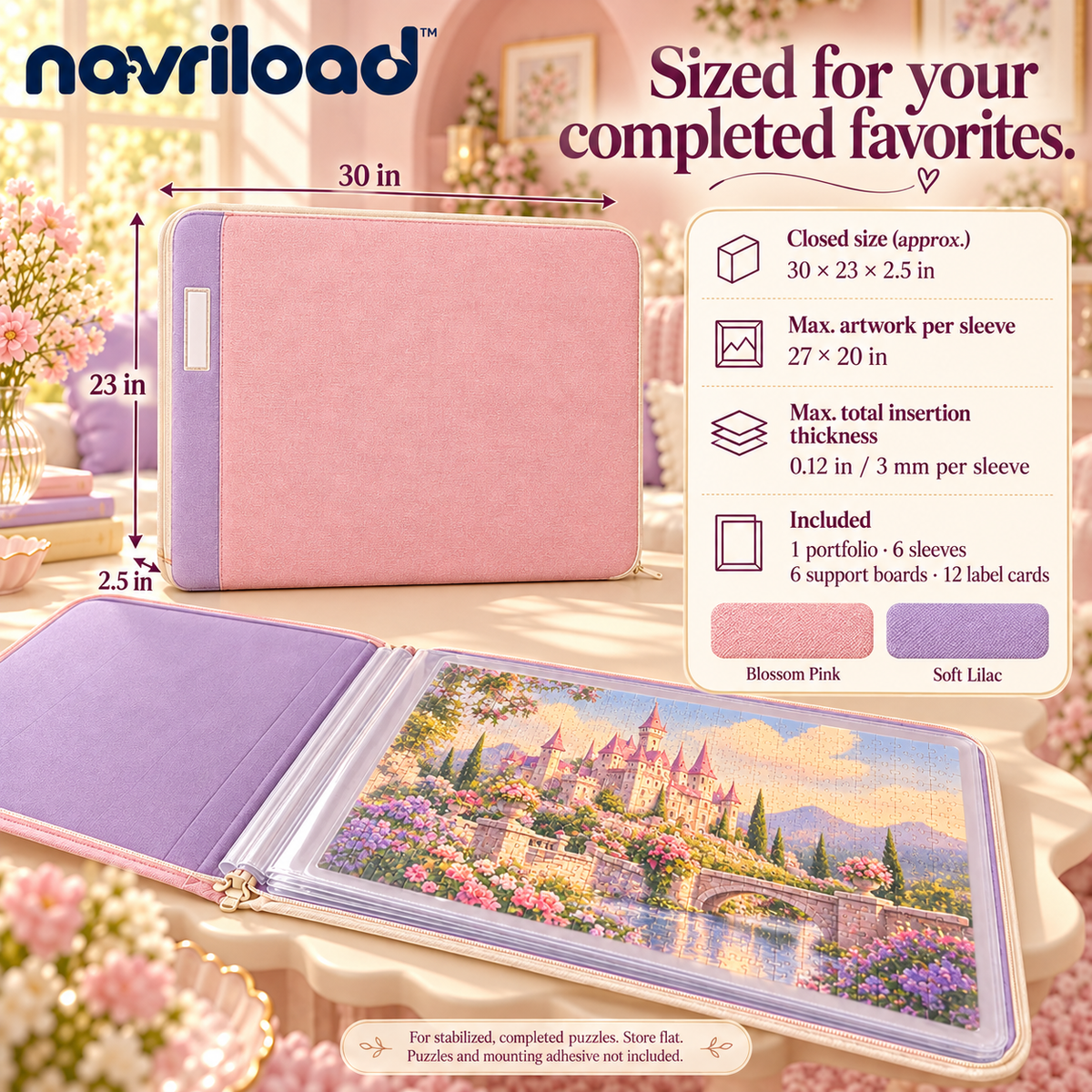 navriload™ KeepsakeFolio Puzzle Storage Portfolio — Large Completed Jigsaw Organizer with 6 Clear Sleeves & Support Boards